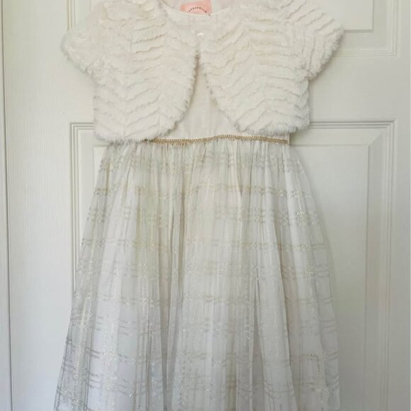 Pastourelle Little Girl's Foil Plaid-Print Dress & Faux Fur Jacket 2-Piece Set - Picture 3 of 6